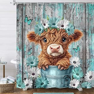 Highland Cow Shower Curtain Teal Floral Bathroom Decor 70X70 in: Print Design and Production Notes