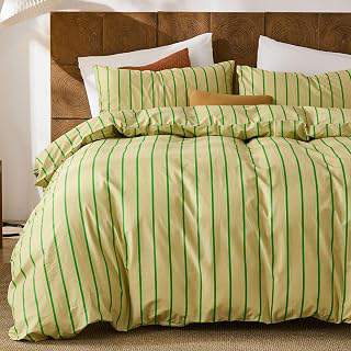 Merryword Striped Duvet Cover Set King Size - 100% Cotton Duvet Cover Set, Khaki & Green Stripes Pattern Comforter Cover 3 Pieces, Soft Linen: Jacquard Weave and Production Notes