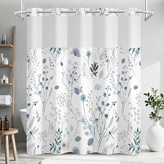 No Hook Watercolor Floral Shower Curtain and Liner Set, Hotel Style Waterproof Fabric Shower Curtain with See Through Top Window, Blue Flower: Print Design and Production Notes