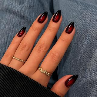 KQueenest Blush Red Black Press On Short Almond, Dark Ombre Fake Nails With Glue, Halloween Gradient French Nails Press ons, Natural Fit: Ombre Dyeing and Production Notes
