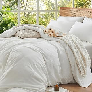 Ivellow 100% Washed Cotton Textured Striped Duvet Cover King - Soft Breathable Lightweight Jacquard Bedding Set 3 Pieces Comforter Cover with: Jacquard Weave and Production Notes