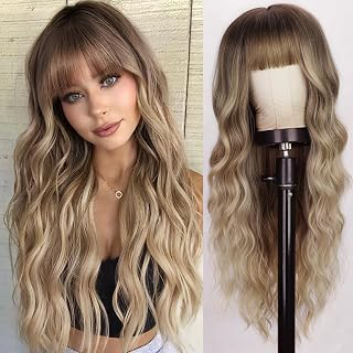Lativ Blonde Wig with Bangs for Women Long Curly Wavy Synthetic Fiber Daily: Ombre Dyeing and Production Notes