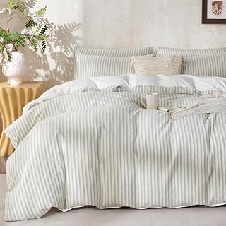 Queen Size Comforter Set Sage Green Striped 100% Soft Washed Cotton Jacquard 3 Pieces Striped Bedding Sets Green White Comforter Queen for All: Jacquard Weave and Production Notes