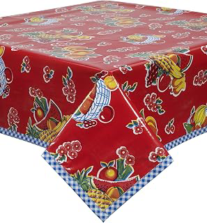 Oilcloth Tablecloth Fruit Basket Red with Blue Gingham Trim You Pick the Size: Fabric Sourcing and Quality Notes