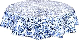 Round Toile Navy Blue Oilcloth Tablecloths (47