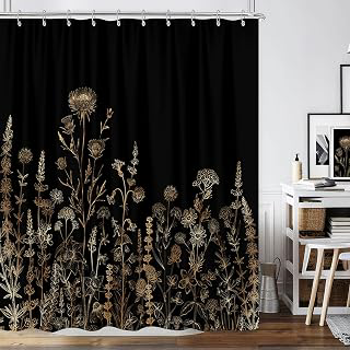 Vintage Black and Gold Boho Shower Curtain, Black and Tan Cream Floral Aesthetic Dark Wildflower Botanical Flowers Shower Curtain for Bathroom: Jacquard Weave and Production Notes