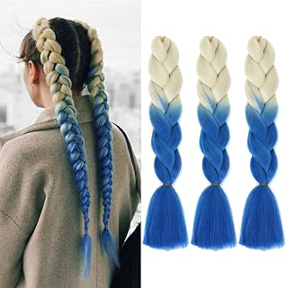 Ombre Blue And White Hair Extensions 3pcs Beige Off-White To Navy-Blue Jumbo Braiding Hair For Braids 24inch Sythetic Fake Braiding Hair: Ombre Dyeing and Production Notes
