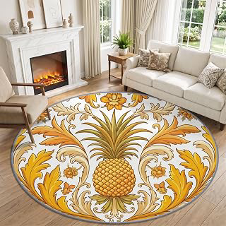 Washable Traditional Round Rug 7 ft Non-Slip Carpet, Soft Stain Resistant Low-Pile Jacquard Damask Fruit Pineapple Circle Area Rug 210 cm for: Jacquard Weave and Production Notes