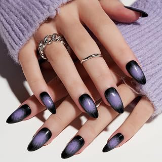 GLAMERMAID Black Pink Ombre Press on Nails Medium Almond, Purple Aurora Fake Crush Nails, Stiletto Fake Nails, Short Oval Stick Glue on Nails: Ombre Dyeing and Production Notes