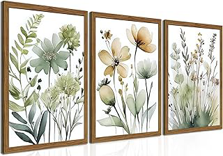Wood Framed Sage Green Botanical Wall Art Set of 3, Boho Floral Canvas Wall Decor Paintings, Minimalist Flower Posters Prints Pictures for: Print Design and Production Notes