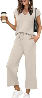 Two Piece Sets for Women Summer Outfits Lounge Sets V Neck Tops Wide Leg Pants Woman Vacation Travel Outfits: OEM Production and Sizing Notes