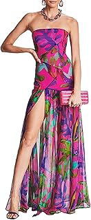 Women Tube Top Dress Tiger Stripe Mesh Patchwork Maxi Dress Strapless Sexy High Slit Long Dresses Beach Vacation: Ombre Dyeing and Production Notes
