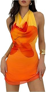 Women's Floral Halter Dress Backless Cowl Neck Mini Dress: Ombre Dyeing and Production Notes