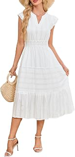 Women's Ruffle Sleeve V Neck Midi Dress Elastic Smocked Waist Tiered A-Line Summer Casual Beach Vacation Dress: Jacquard Weave and Production Notes