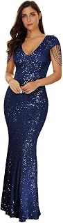 Women's V Neck Sequin Formal Evening Dress Tassel Bead Sleeve Mermaid Long Gown 1920S Party Maxi Military Dress: Ombre Dyeing and Production Notes
