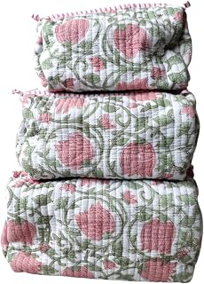 KRAAFTY Set of 3 Handmade Quilted Cotton Pouches - Pink Lotus Floral Print Cosmetic, Makeup & Travel Organizer Bags - Multipurpose Storage Set: Print Design and Production Notes