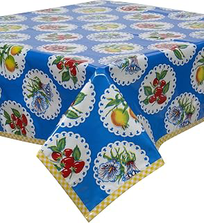 Doily 2 Blue Oilcloth Tablecloth with Yellow Gingham Trim 48x48: Fabric Sourcing and Quality Notes