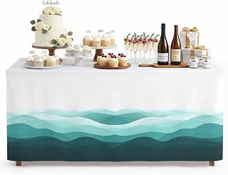 6Ft Table Skirt, Teal Ombre Table Skirt for Rectangle Tables & Round Tables, Decorative Desk Skirts, Summer Minimalist Ocean Waves Party: Ombre Dyeing and Production Notes