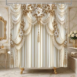 iTapnoom Fancy Baroque Shower Curtain 72 x 72 Inch, Waterproof Polyester Bathroom Curtain with 12 Plastic Hooks, Gold White Vintage Lace Drapery: Jacquard Weave and Production Notes