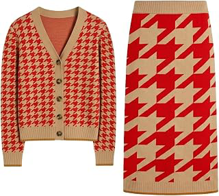 OXKNIT Women's Knit Cardigan Skirt Sets 1970s Retro Pattern 2 Piece Outfits: Jacquard Weave and Production Notes