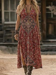 Women's Western Summer Vacation Maxi Dress, V Neck Short Sleeve Paisley Floral Print Loose Casual Long Dress: Print Design and Production Notes