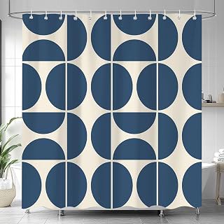 Dark Blue Mid Century Modern Shower Curtain, Boho Abstract Geometric Retro Art Shower Curtains for Bathroom, Colorful Unique Pattern Polyester: Jacquard Weave and Production Notes
