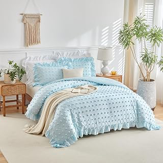 Flysheep Tufted Dots Ruffle Duvet Cover Set Queen Size, 3 Pieces Vintage Farmhouse Shabby Chic Ruffled Duvet Cover with Zipper Closure, Luxury: Jacquard Weave and Production Notes