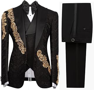 Mens Luxury Jacquard 3 Pieces Suit with Rhinestone Slim Fit Peaked Lapel Blazer Jacket Vest Pants Set for Prom,Party: Jacquard Weave and Production Notes