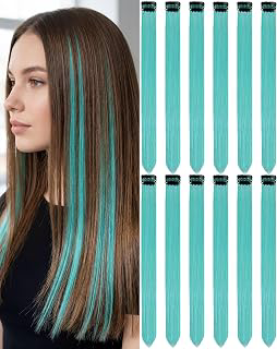 12 PCS Teal Blue Hair Extensions Clip in, 22 Inch Colored Party Synthetic Neon Highlights Extensions, Rainbow Hair Accessories for Women Hair: Ombre Dyeing and Production Notes