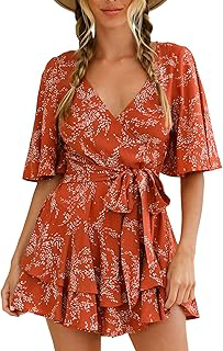 Womens Summer Short Flared Sleeve Romper V Neck Floral Print Jumpsuit Waist Tie Layer Ruffle Hem Rompers: OEM Production and Sizing Notes