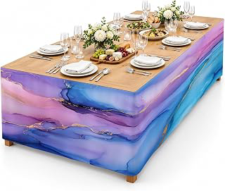 9Ft Table Skirt, Blue Purple Ombre Table Skirt for Rectangle Tables & Round Tables, Decorative Desk Skirts, Marble Modern Ink Painted Abstract: Ombre Dyeing and Production Notes