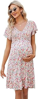 KOJOOIN Women's Maternity Smocked Long Sleeve Ruffle Dress V Neck Fall Casual Flowy Midi Dress for Baby Shower Photoshoot: OEM Production and Sizing Notes