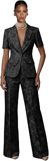 Womens 2 Piece Suit Jacquard Floral Pants Suits for Women Casual Short Sleeve Outfits: Jacquard Weave and Production Notes