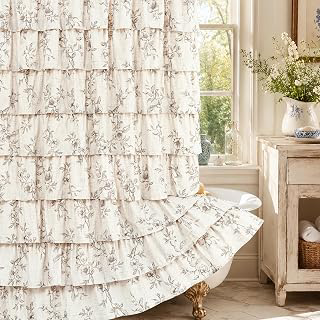 Farmhouse Floral Shower Curtain, Ruffle Bathroom Curtains, 72