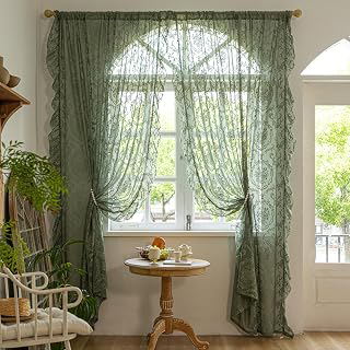 Deeprove Olive Green Boho Sheer Lace Ruffled Curtains 2 Panels Crochet 84 Inch Long Pair for Bedroom Living Room Chic Light Filtering Floral: Jacquard Weave and Production Notes