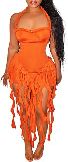 Womens Fringe Mini Dress Sexy Halter Backless Tassel Dresses: Ombre Dyeing and Production Notes