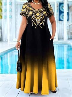 Plus Size Women Short Sleeve Round Neck Black Gold Ombre Maxi Dress Loose A Line Swing Long Summer Sundress: Ombre Dyeing and Production Notes