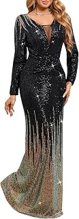 Women's Ombre Sequin Evening Gown-Long Sleeve V-Neck Slim Formal Dress for Wedding Guest, Prom & Parties: Ombre Dyeing and Production Notes