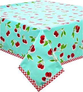 Cherry Aqua Oilcloth Tablecloths with Red Gingham Trim (48x102): Fabric Sourcing and Quality Notes