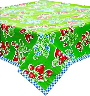 Strawberry Lime Green Oilcloth Tablecloths with Blue Gingham Trim (48x48 Square): Fabric Sourcing and Quality Notes