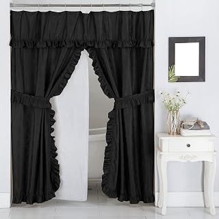 Double Swag Ruffled Fabric Shower Curtain Set, Intersected Leaves Pattern, PEVA Liner and Roller Rings (Black): Jacquard Weave and Production Notes