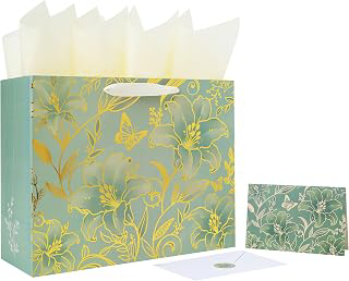 13'' Large Green Floral Gift Bag Set with Handles, Greeting Card, Tissue Papers and Stickers for Women Girls for Birthdays, Valentine's Day: Print Design and Production Notes