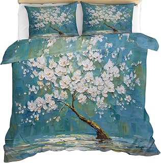 Queen Size Comforter Set with 2 Pillowcases, Floral Duvet Cover Oil Painting Almond Blossoms Bedding Set 3 Piece, Boho Turquoise Duvet Cover: Jacquard Weave and Production Notes