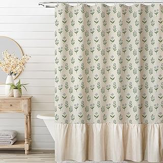 MUGINYU Linen Textured Ruffle Shower Curtain 72x72 Inches- Vintage Floral Block Print in Beige and Green, Boho Cottagecore Farmhouse French: Print Design and Production Notes