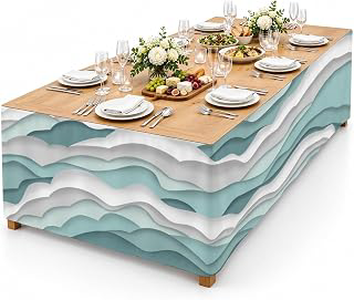 9Ft Table Skirt, Teal Ombre Table Skirt for Rectangle Tables & Round Tables, Decorative Desk Skirts, Modern Geometric Moire Abstract Art Party: Ombre Dyeing and Production Notes