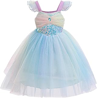 Girls Little Mermaid Princess Tulle Dress Sequin Ombre Tutu Gown Flutter Sleeves for Kids Birthday Party Halloween: Ombre Dyeing and Production Notes