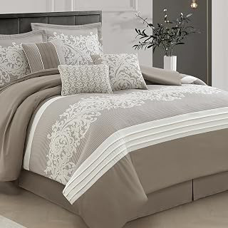 LANCO MODERN LIFESTYLE Taupe Comforter Set, Queen, Damask Jacquard with Matching Solid Piece Work, 7 Piece Soft Bedding Set for All Season, Bed: Jacquard Weave and Production Notes