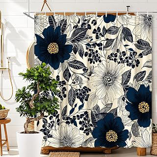 Navy Blue Teal Floral 72x72 Inch Shower Curtain, Waterproof Polyester Bathroom Curtain with Rustic Boho Vintage Botanical Wooden Board Print: Print Design and Production Notes