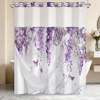 No Hook Shower Curtain with Liner, Floral Shower Curtain with Sheer Top Window and Weighted Hem, Elegant Wisteria Print Farmhouse Shower: Print Design and Production Notes