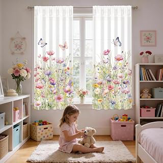 Watercolor Floral Window Curtain, 2 Panels Spring Colorful Wildflower Butterfly Window Treatment Drapes Tier, Long Curtain for Bedroom Living: Print Design and Production Notes